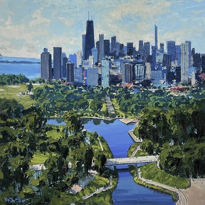 KIM VANDERHOEK - SKYHIGH IN CHICAGO - OIL ON BOARD - 19.75 x 19.75
