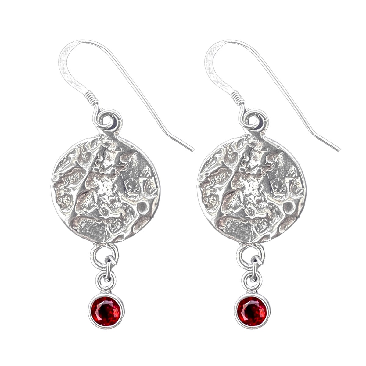 MICHELENE BERKEY - ROUND TEXTURED GARNET DROP EARRINGS - STERLING & GEMSTONE