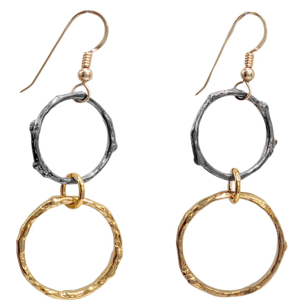 MICHELENE BERKEY - TWIG EARRINGS OXIDIZED W/ GOLD VERMEIL, TWO CIRCLES - STERLING SILVER