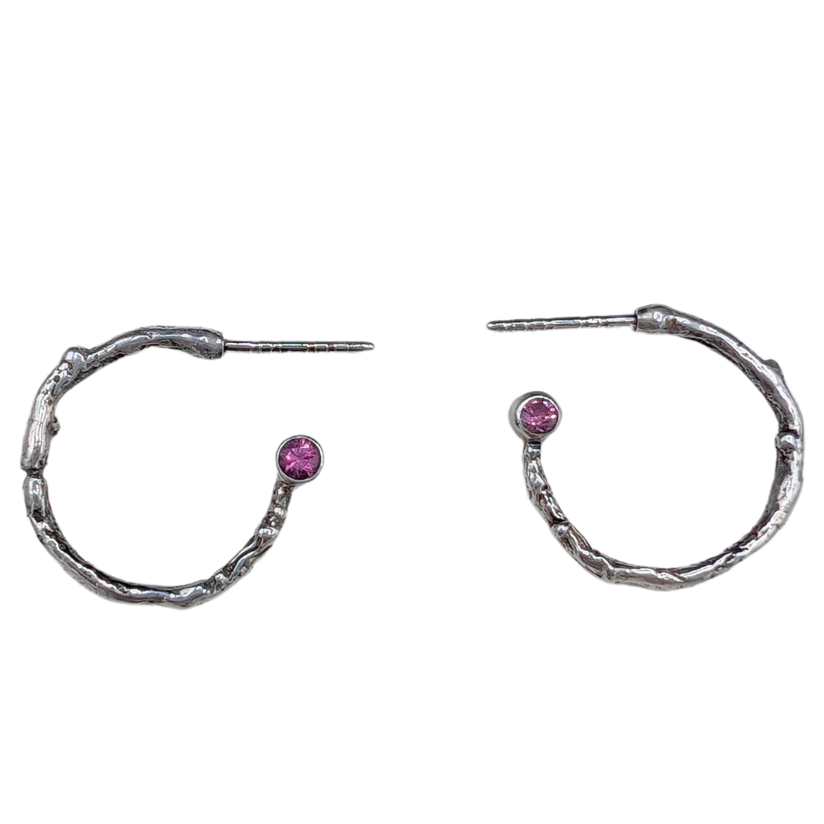 MICHELENE BERKEY - TWIG HOOP EARRINGS W/ PINK SPINEL - STERLING SILVER