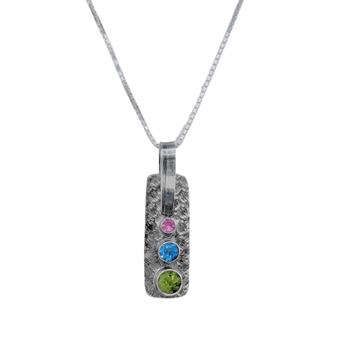 MICHELENE BERKEY - STOPLIGHT PENDANT W/ RHODOLITE GARNET, BLUE TOPAZ AND PERIDOT - STERLING SILVER