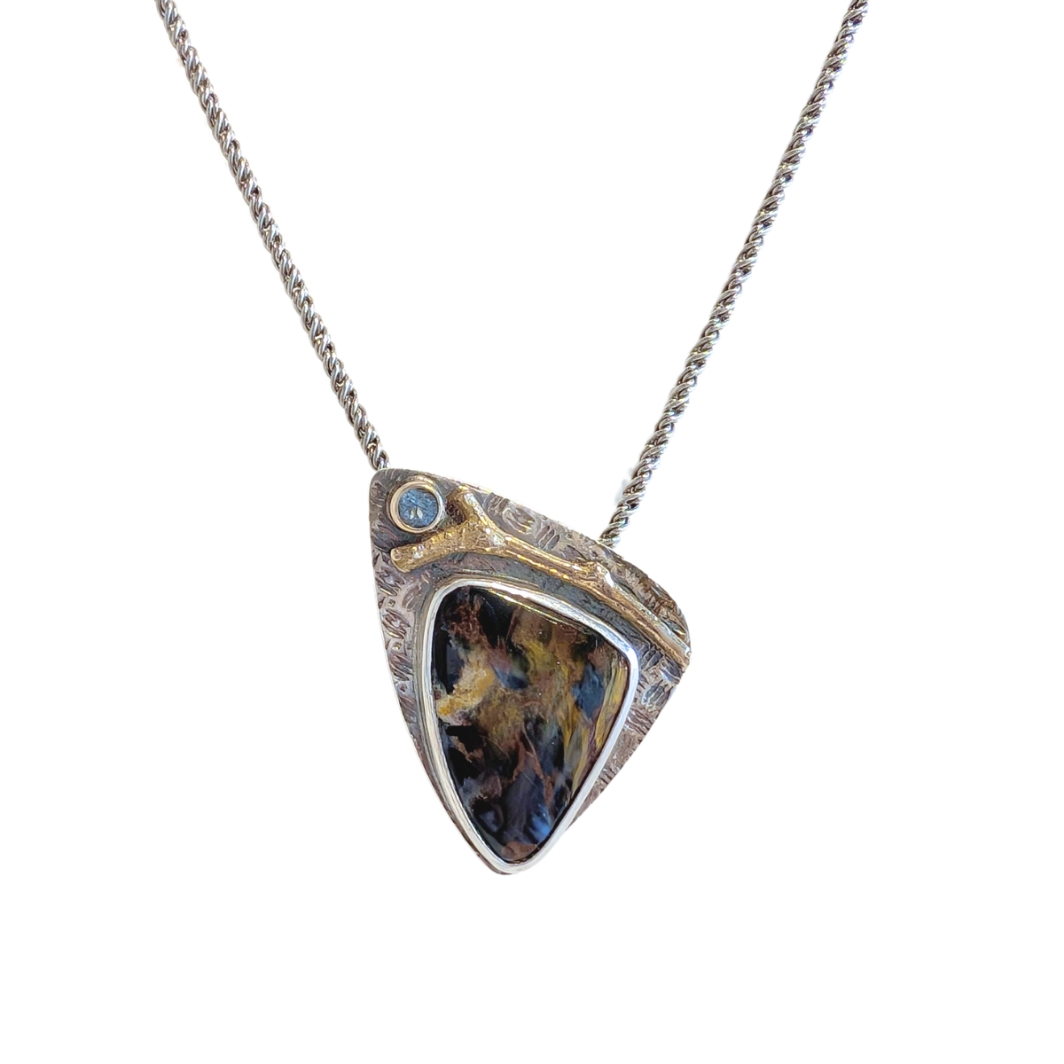 MICHELENE BERKEY - PIETERSITE PENDANT W/ 14K G & SAPPHIRE - STERLING SILVER