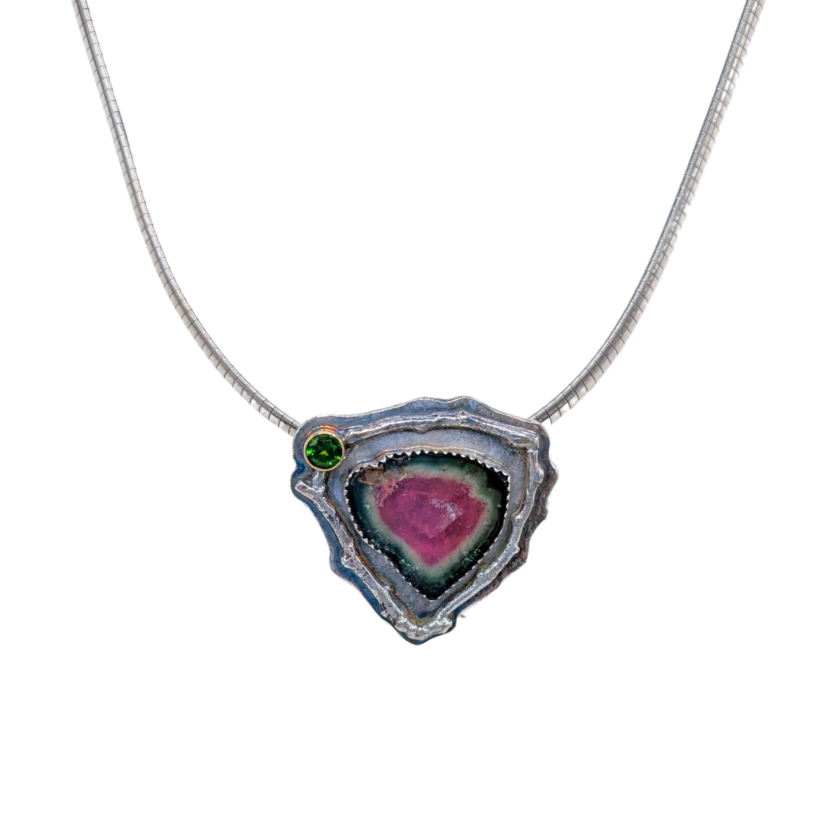 MICHELENE BERKEY - WATERMELON TOURMALINE, TSAVORITE GARNET IN 14K GOLD NECKLACE - STERLING SILVER