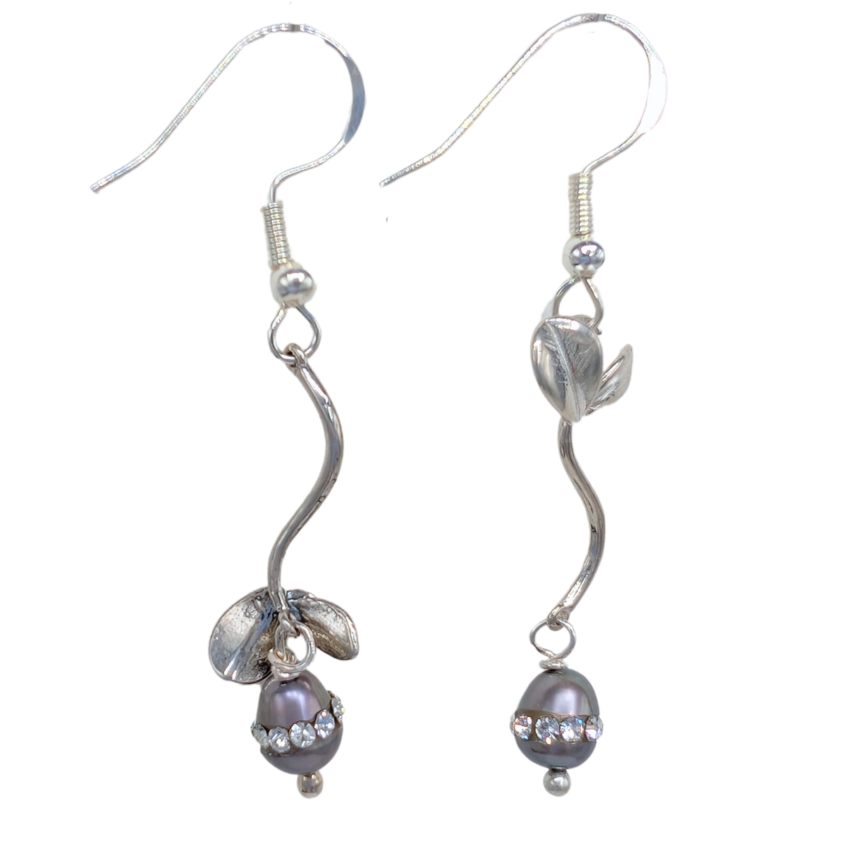 HOURI BORJIAN - EARRING SILVER DROP W/ LEAF & PEACOCK PEARL - STERLING SILVER