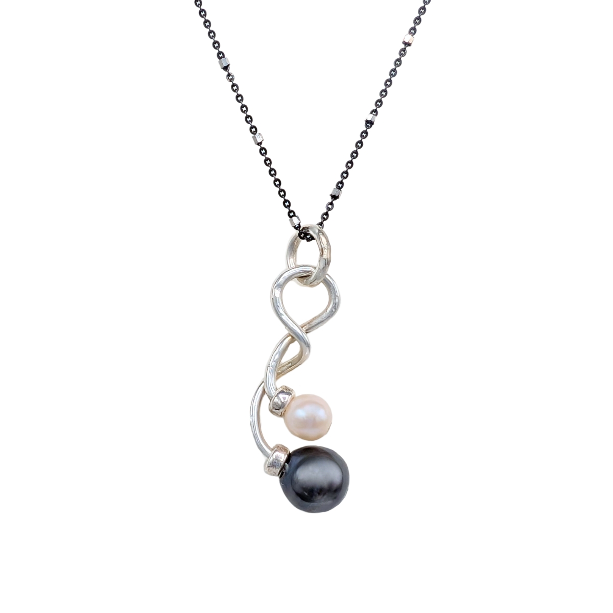 HOURI BORJIAN - NECKLACE, BLACK CHAIN W/ WHITE & PEACOCK PEARL - STERLING SILVER