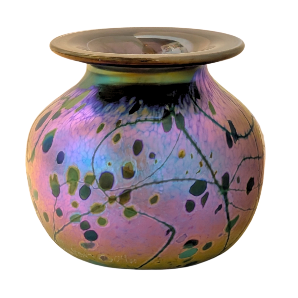 JON AND SHERI BUSH - SPOTTED WARM TONE IRIDESCENT GLASS VASE - GLASS - 4 X 4 X 4