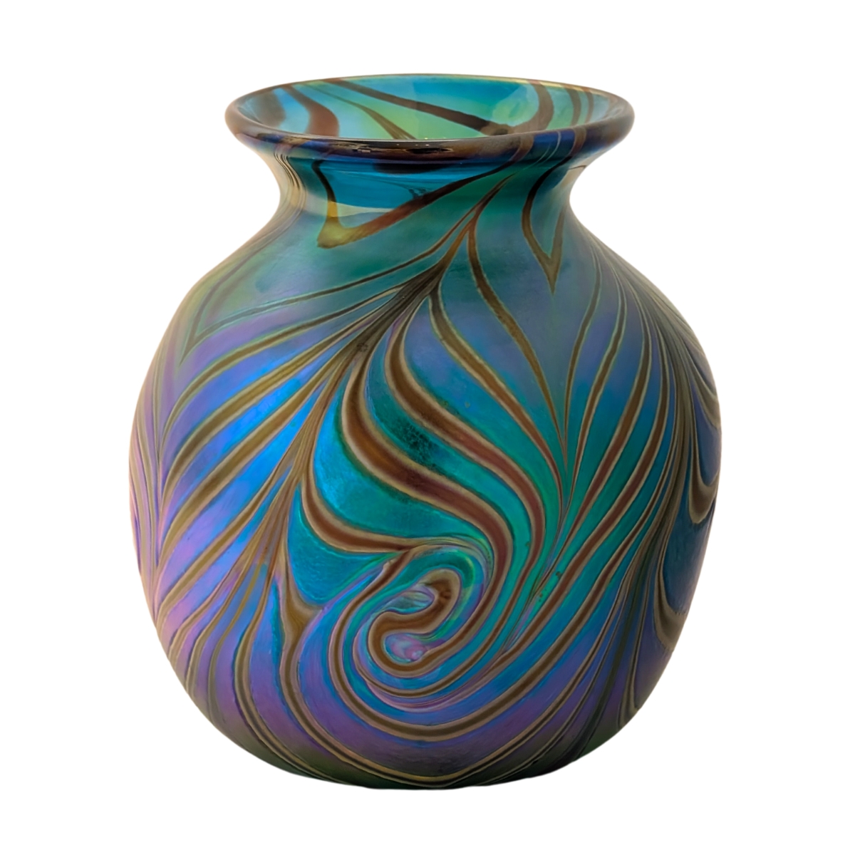 JON AND SHERI BUSH - COOL TONE IRIDESCENT FUME VASE - GLASS - 5 X 4.5 X 4.5