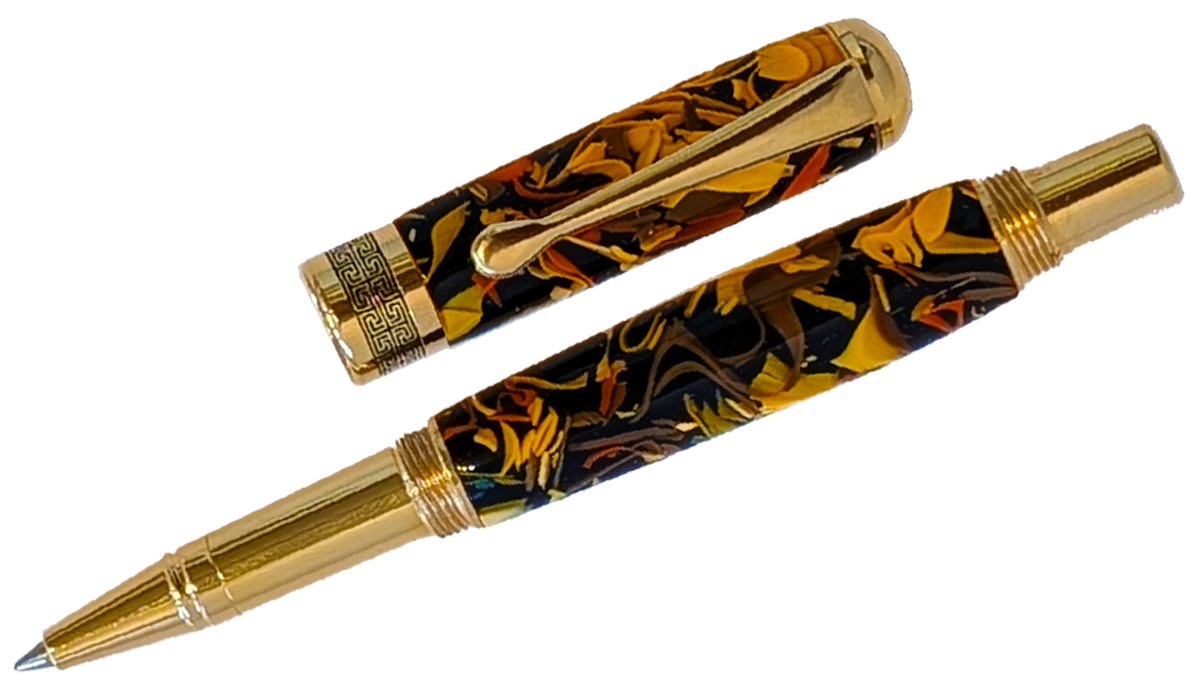 TOM BORUSKY - "THE ALLURE" RUST, GOLD & BLACK ROLLERBALL PEN - RESIN