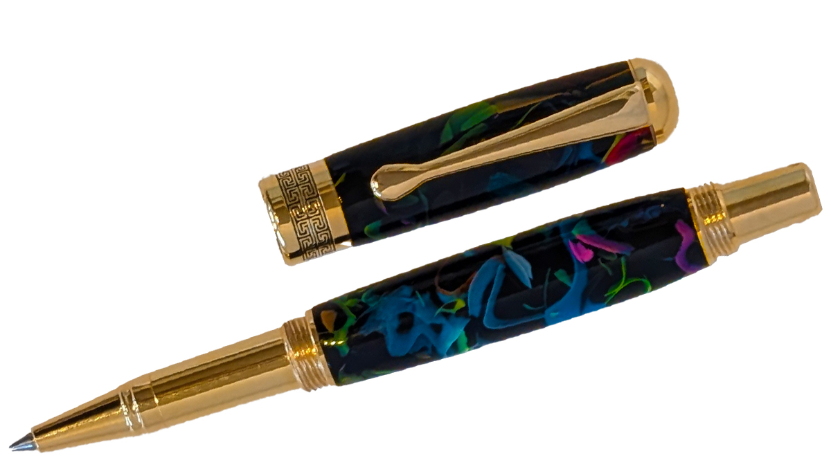 TOM BORUSKY - "THE ALLURE' BLACK, GREEN & BLUE ROLLERBALL PEN - RESIN