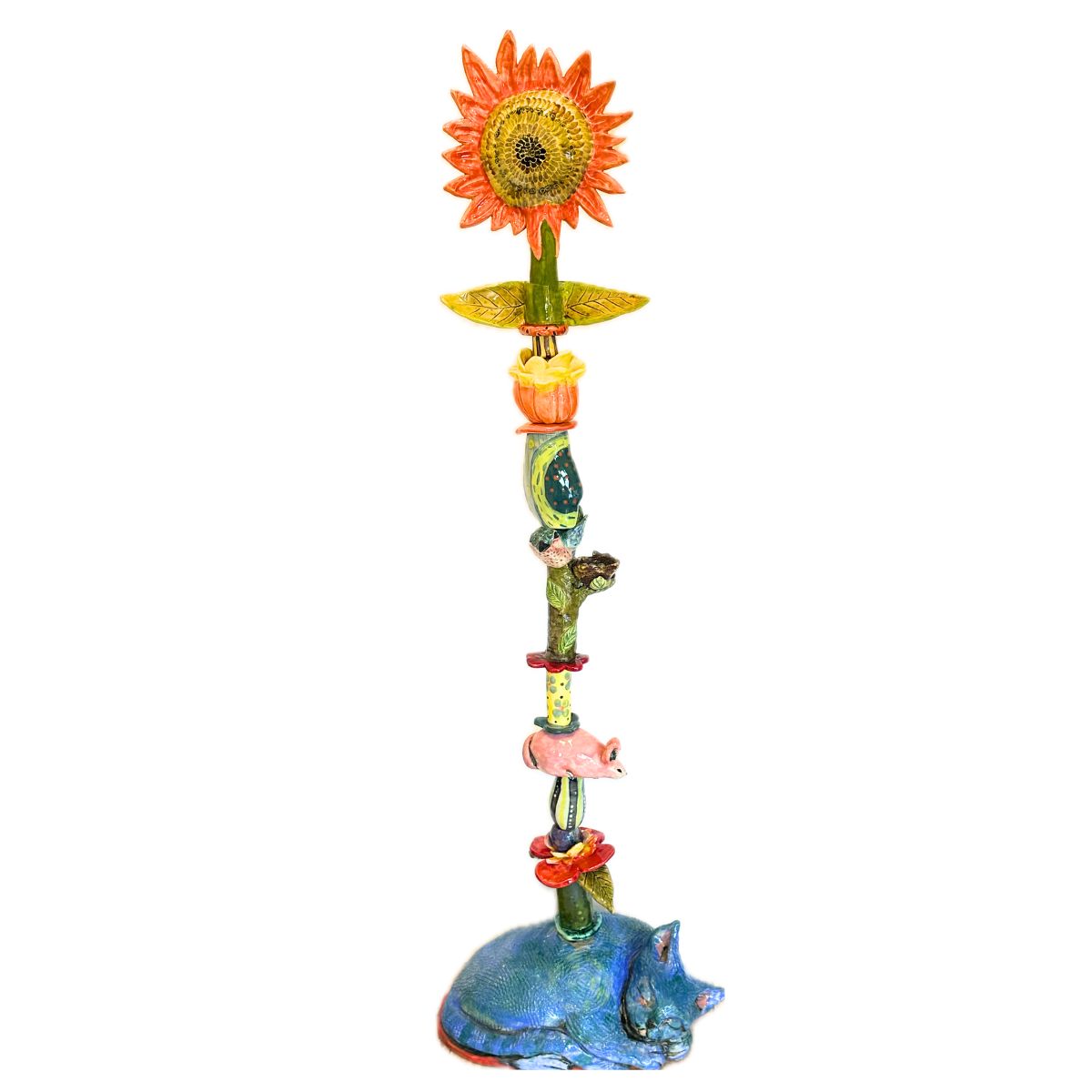 MARIA COUNTS - SUNFLOWER CAT TOTEM - CERAMIC - 14 X 43 X 8