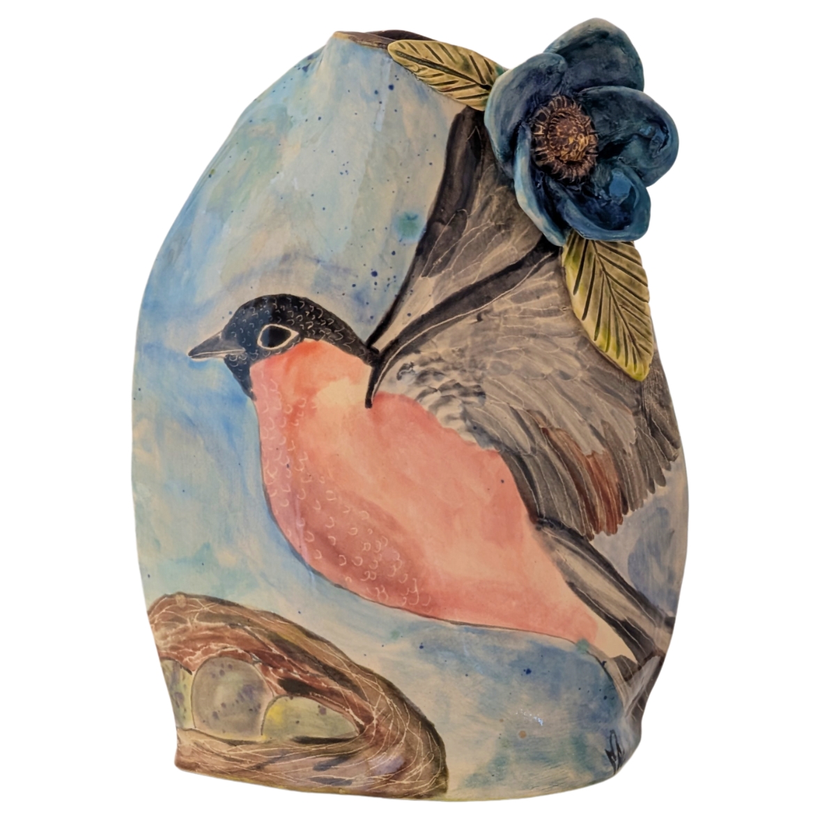 MARIA COUNTS - BIRD VASE W FLOWER DETAIL - CERAMIC - 6 X 8 X 3