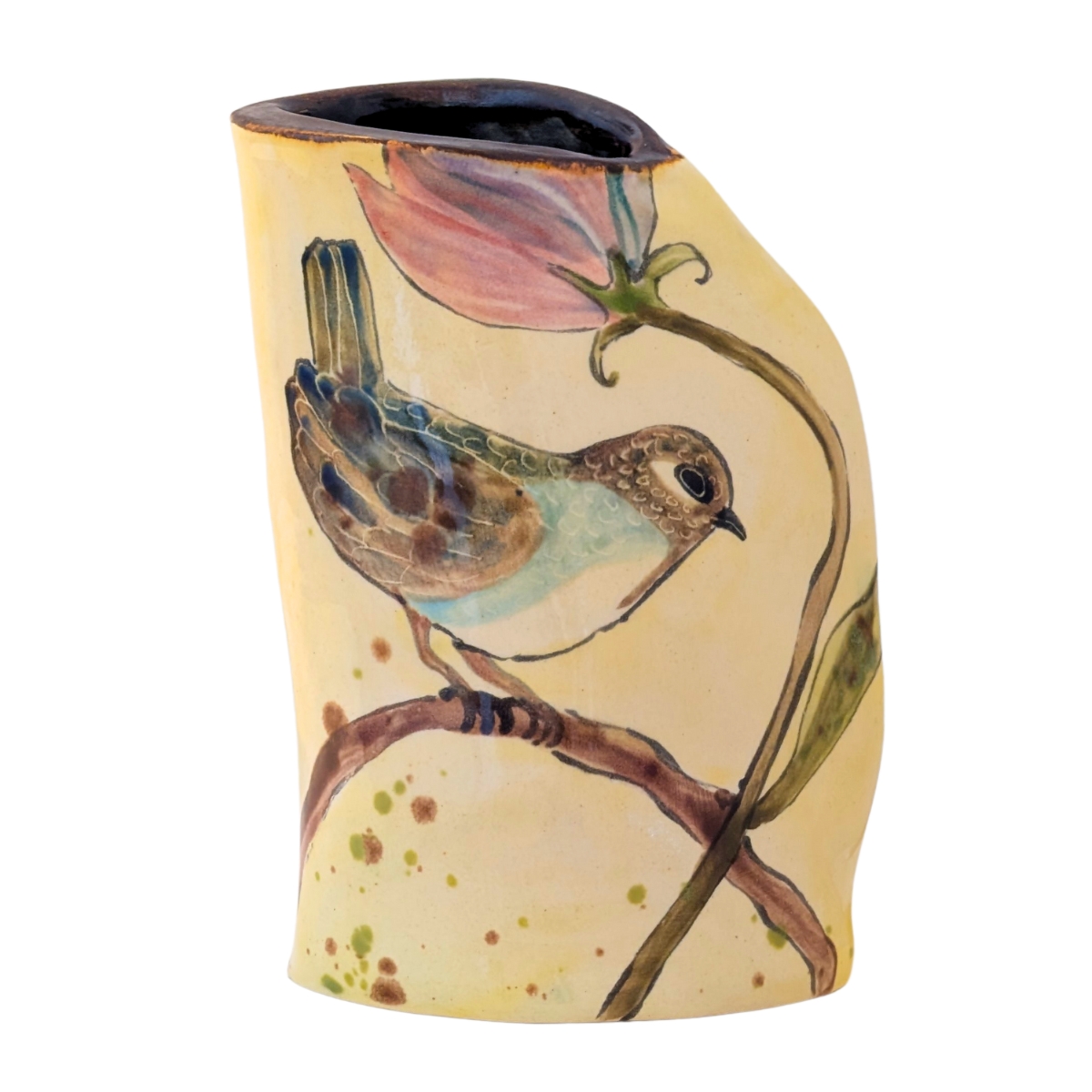 MARIA COUNTS - SM YELLOW BIRD & FLOWER VASE - CERAMIC - 4 X 5 1/2 X 2 1/2