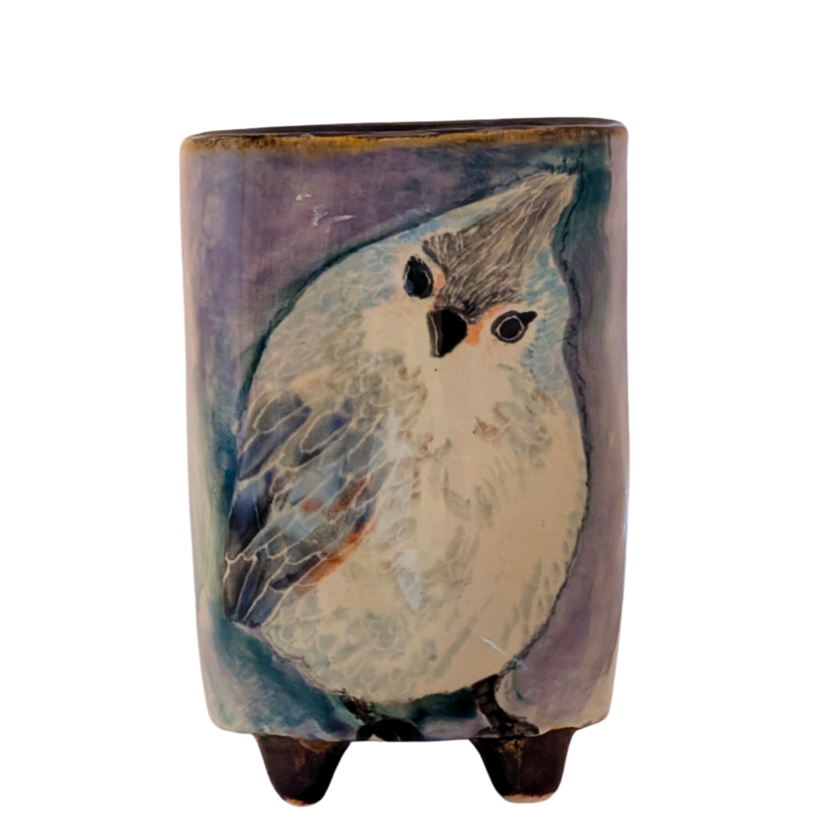 MARIA COUNTS - SM PURPLE VASE W/ BIRD - CERAMIC - 3 1/2 X 5 1/4 X 2 1/2