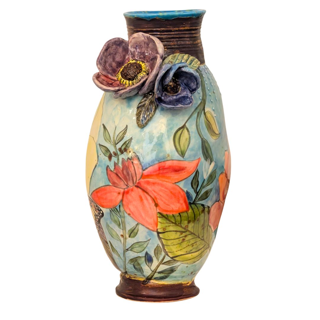 MARIA COUNTS - MONARCH BUTTERFLY W FLOWERS VASE - CERAMIC - 7.5 X 12