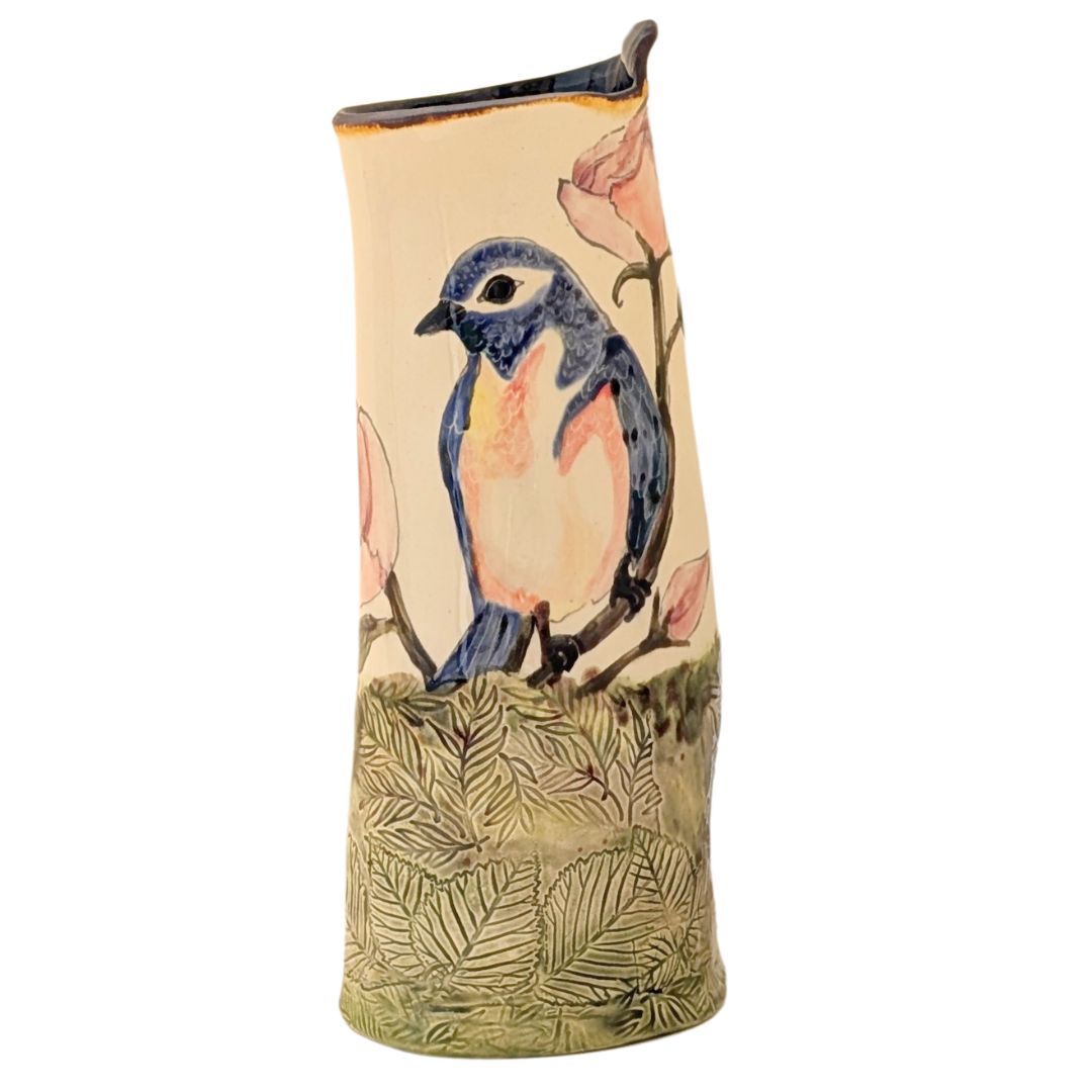 MARIA COUNTS - BLUEBIRD & ROSES VASE - CERAMIC - 4 X 10