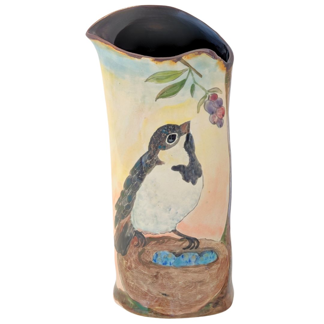 MARIA COUNTS - VASE WITH BIRD OVER NEST WITH BERRIES - CERAMIC - 9.5 X 4.5 X 3