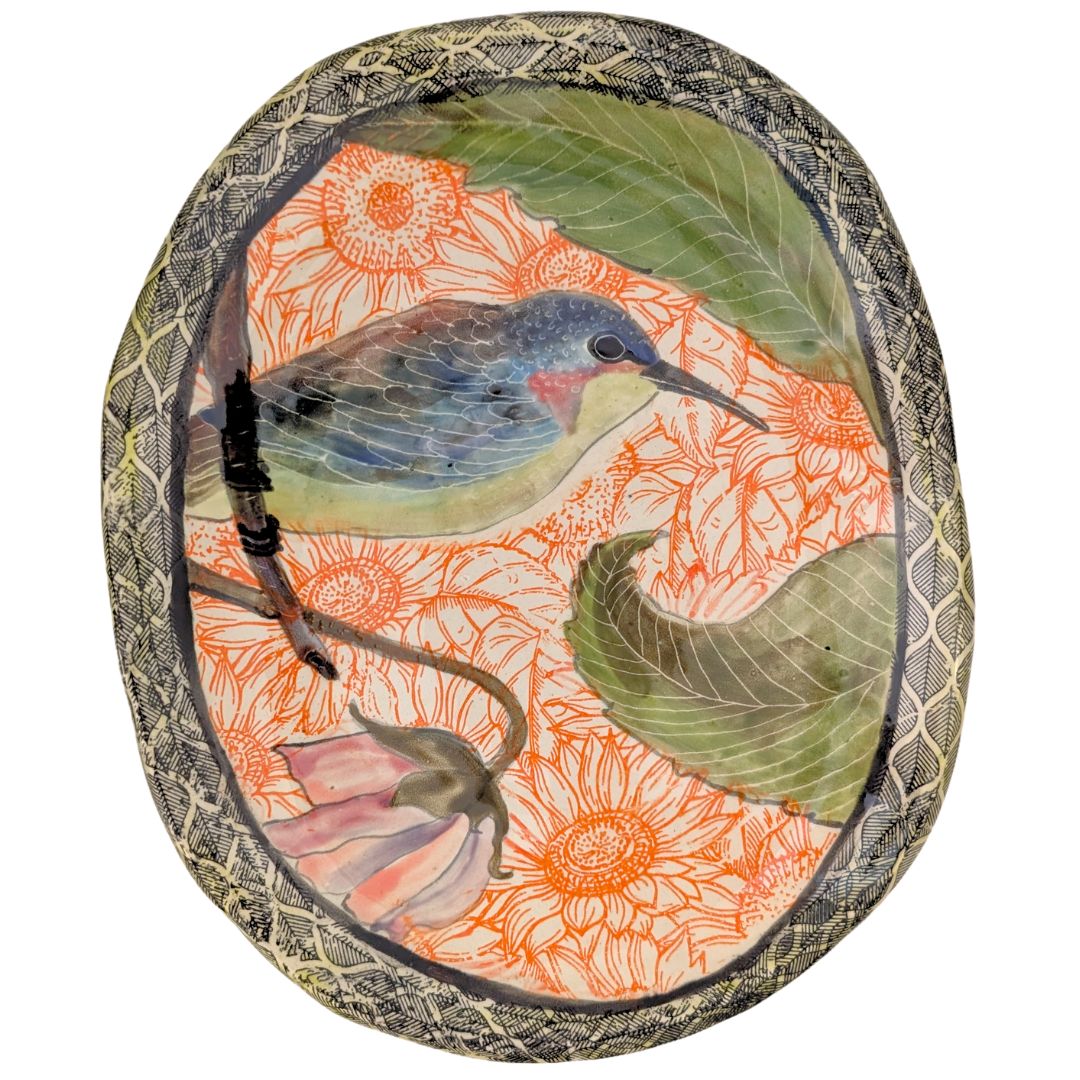 MARIA COUNTS - BIRD AND A FLOWER PLATE - CERAMIC - 1.5 X 11 X 9