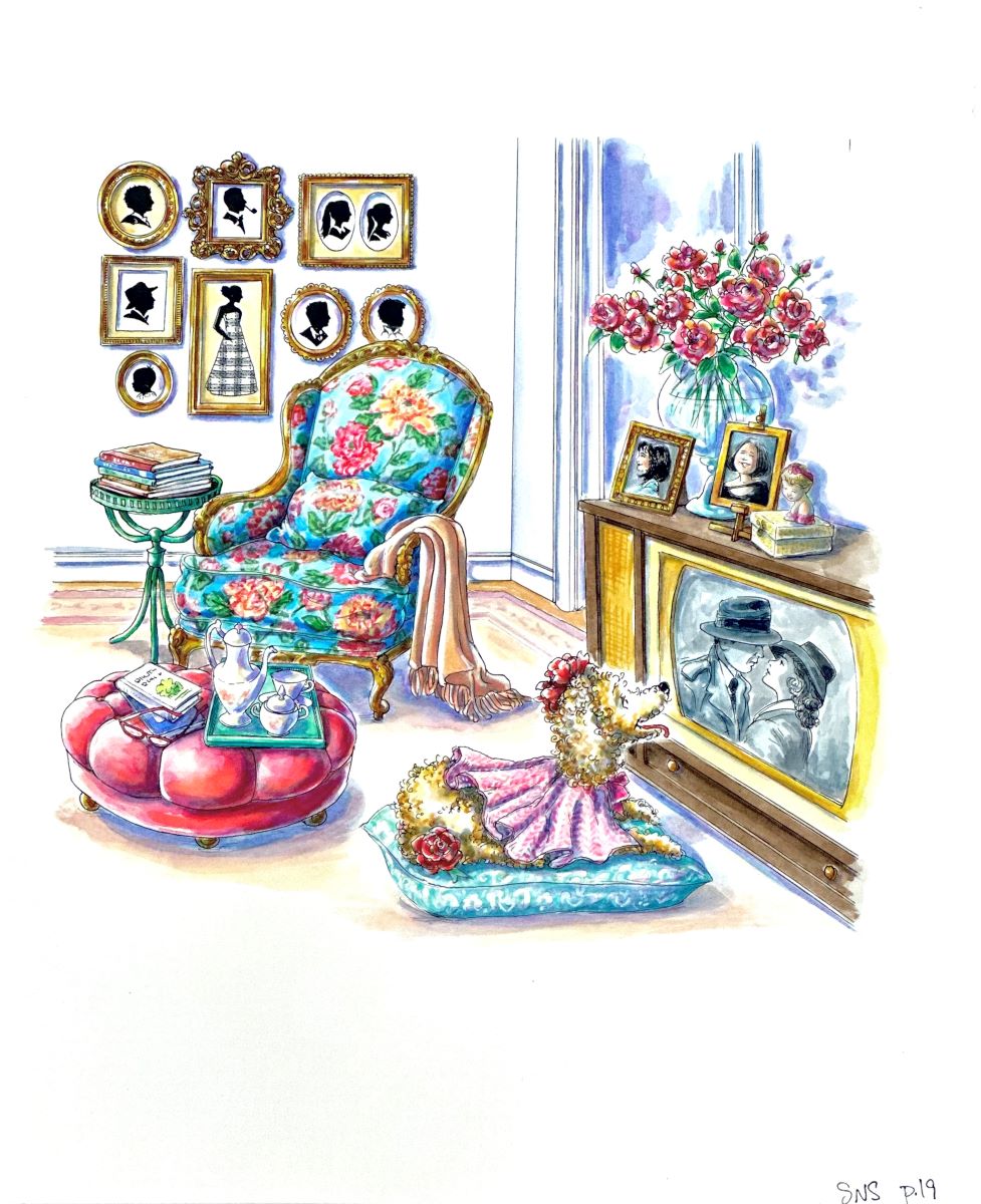 ROBIN PREISS GLASSER - FIFI WATCHING TV - WATERCOLOR - 10 X 10