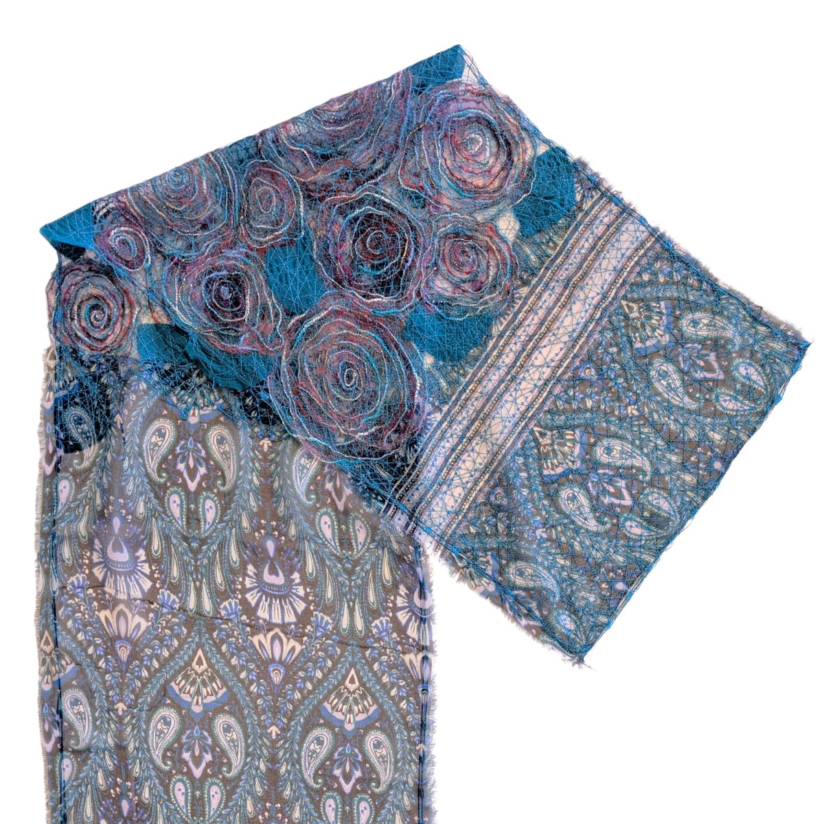 MARY HAMMOND - TURQUOISE ROSE TRIM SCARF - FIBER