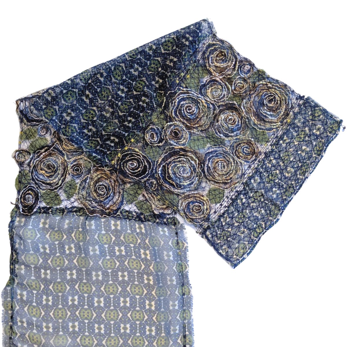 MARY HAMMOND - BLUE/GREEN ROSE TRIM SCARF - FIBER