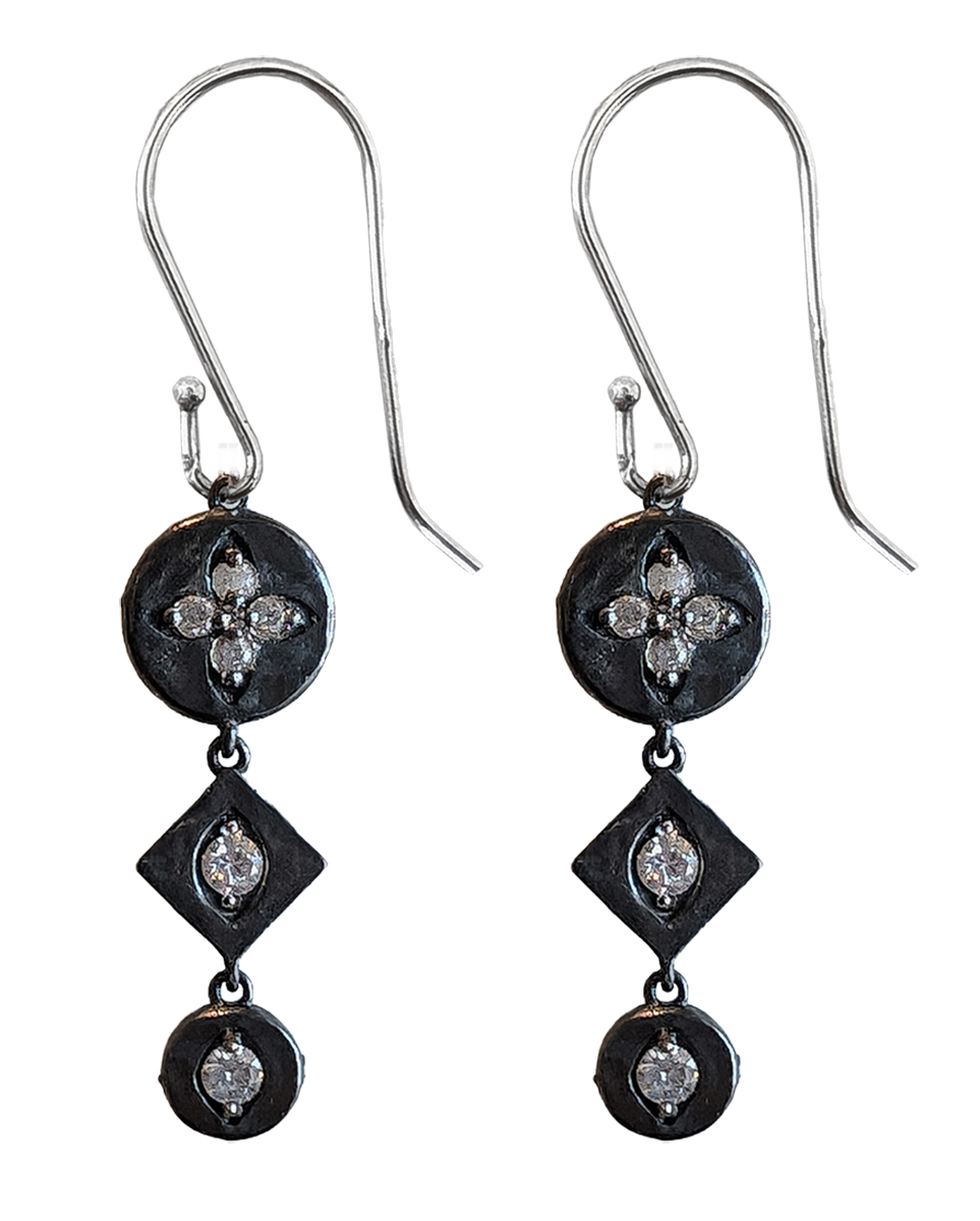 ITHIL METALWORKS - OXIDIZED SS CIRCLE & DIAMOND W/ CZS EARRINGS - STERLING & GEMSTONE