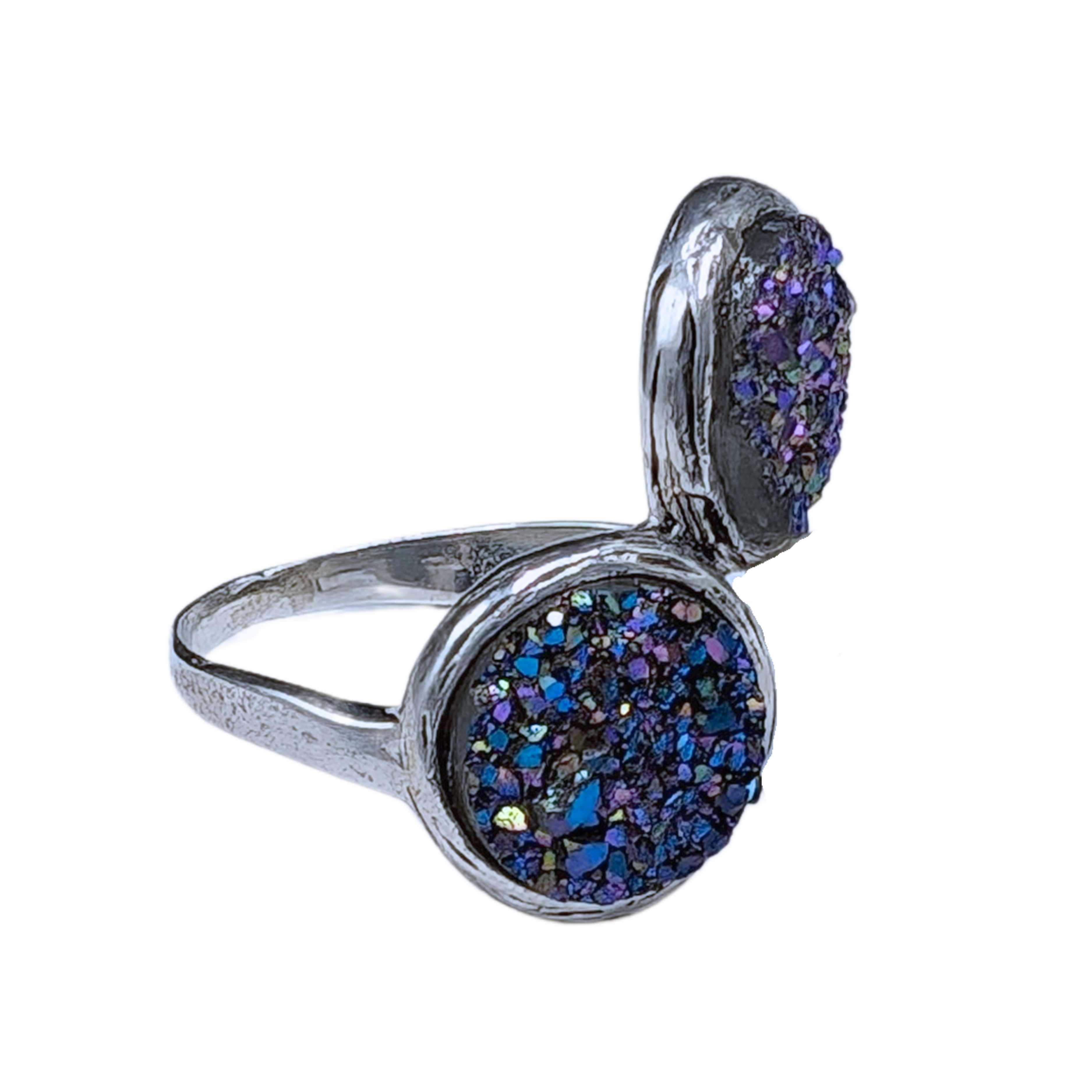 ITHIL METALWORKS - DOUBLE IRIDESCENT DRUZY & SS RING - STERLING & GEMSTONE