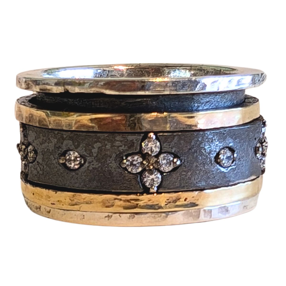 ITHIL METALWORKS - OXIDIZED SS & 9K GOLD W/ DAINTIY CZS RING - STERLING & GEMSTONE