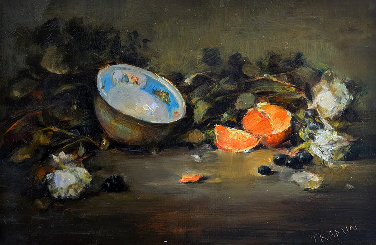 JACQUELINE KAMIN - ORANGES WITH LIMOGE CHINA - OIL ON BOARD - 12 X 8