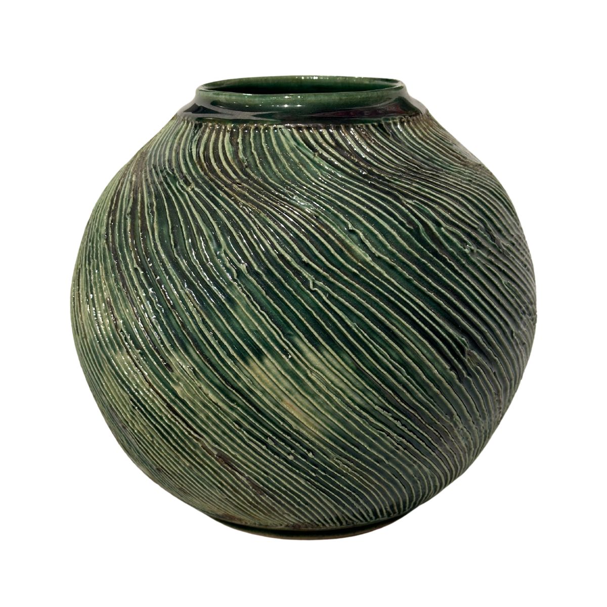 JOE LEE - GREEN TEXTURED VASE - CERAMIC - 8 X 8.5 X 8