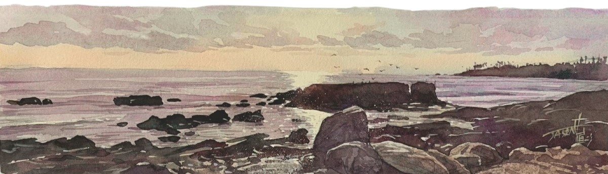 JASON LI - SUNSET LAGUNA - ROCKS - WATERCOLOR - 12 X 3.5