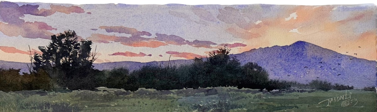 JASON LI - DESERT SUNSET - HAWK WATCHING - WATERCOLOR - 12 X 3.5