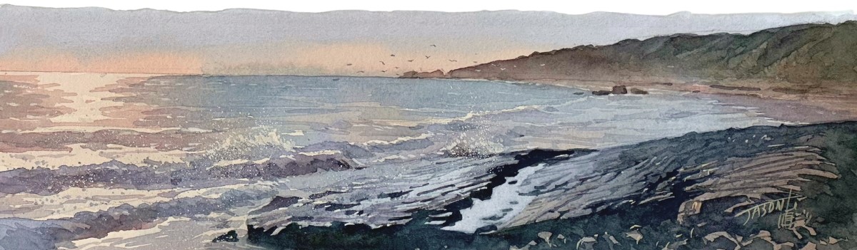 JASON LI - SUNSET BEACH - WATERCOLOR - 12 X 3.5