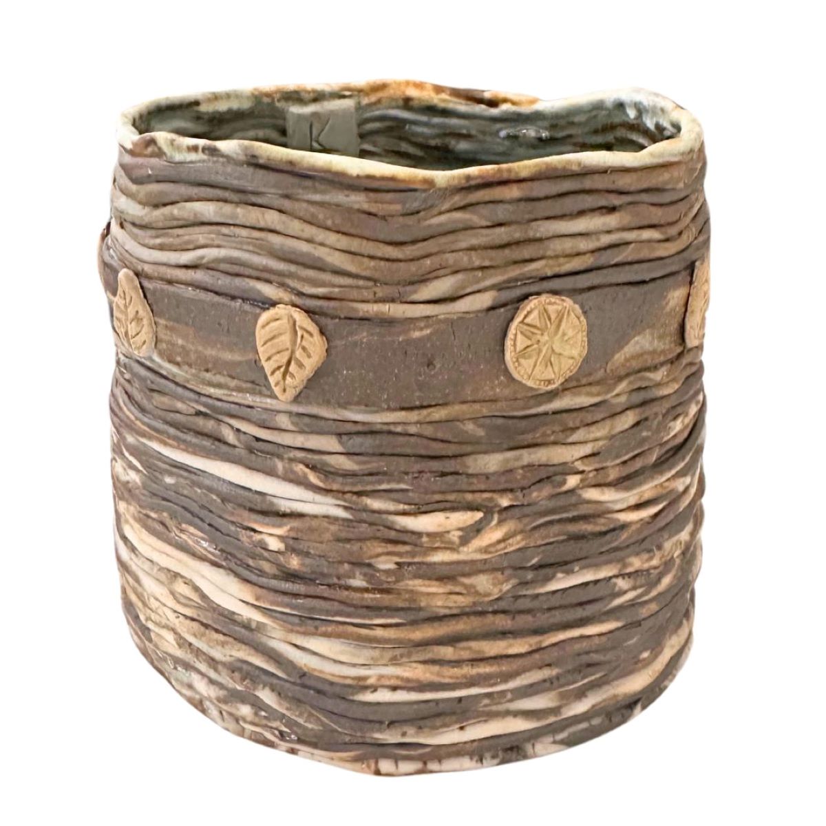 KAREN LIBA - COILED VASE W/ LEAF DETAIL - CERAMIC - 4 X 4 X 4