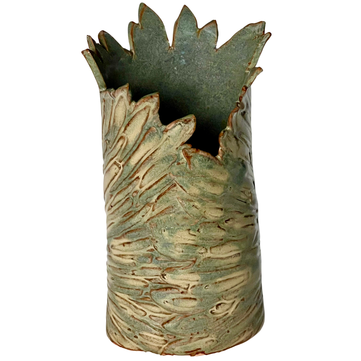 JON LUNDSTROM - GREEN FEATHERED VASE - CERAMIC - 9 X 5 X 4 1/2