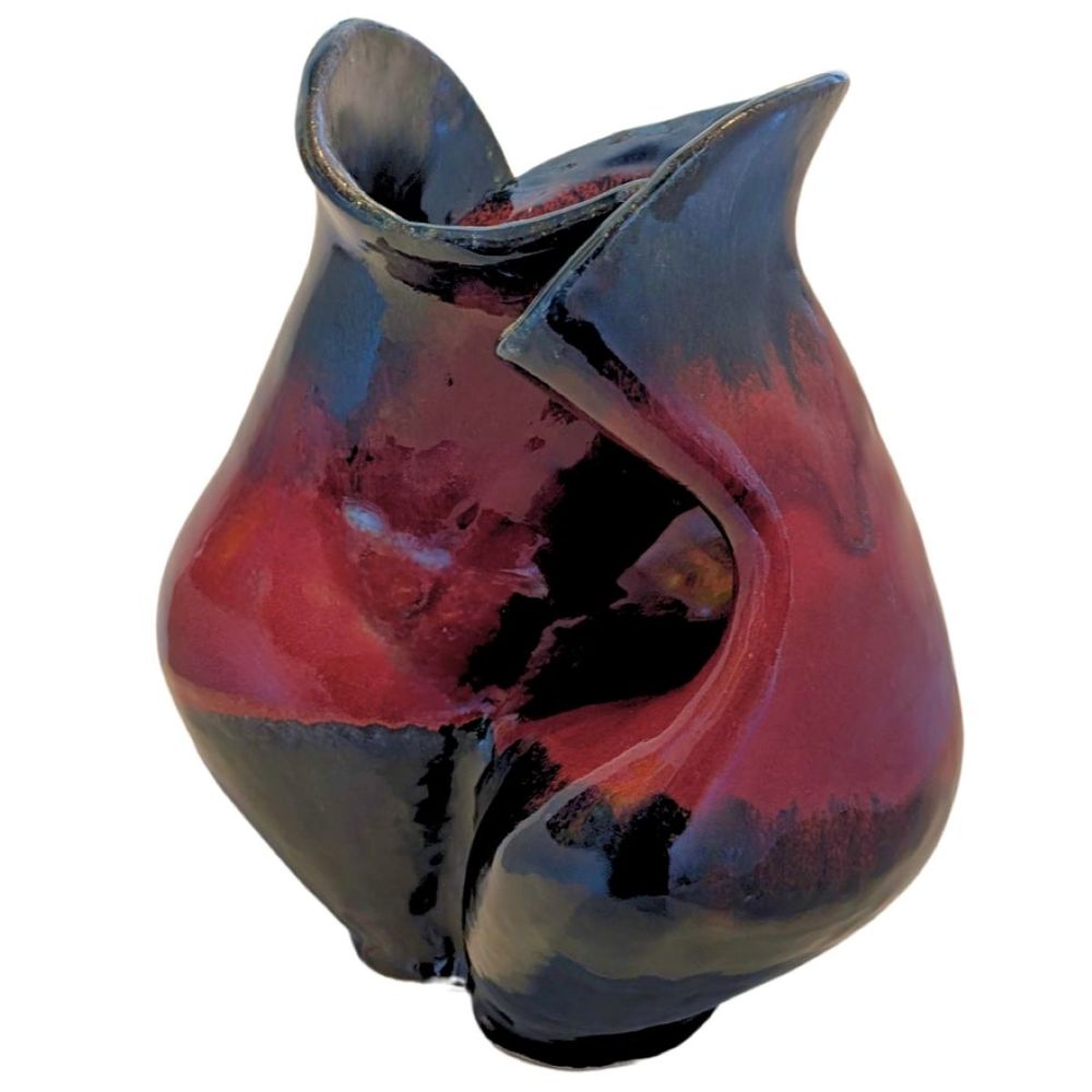 JOEY ONTIVEROS - RED & BLACK COLLAPSED CENTER VASE - CERAMIC - 12 X 10 X 10