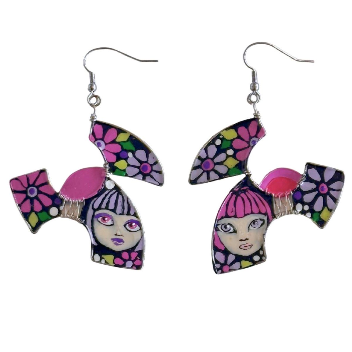 CECILIA RINCON - PURPLE FACE & FLOWER EARRINGS - ENAMEL