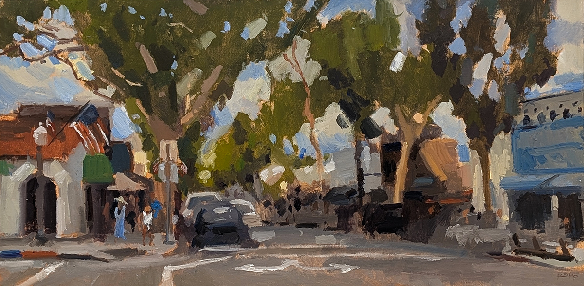 ERNIE ROMO - MARINE AVE. BALBOA ISLAND - OIL ON BOARD - 24 X 12