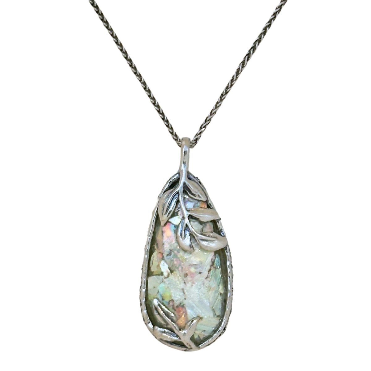 SAPHARIM RAHAV - ROMAN GLASS DROP NECKLACE W/ LEAF DETAIL - STERLING & GEMSTONE