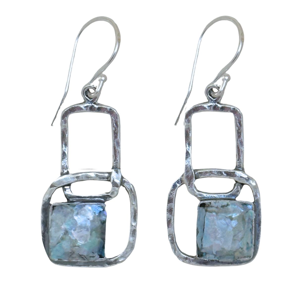 SAPHARIM RAHAV - ROMAN GLASS HAMMERED SQUARE EARRING - STERLING & GEMSTONE