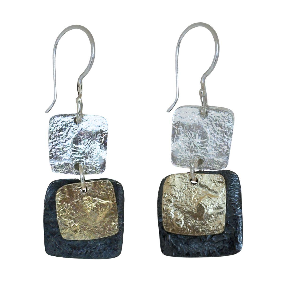 SAPHARIM RAHAV - THREE TONED SILVER SQUARE EARRING - STERLING & GEMSTONE