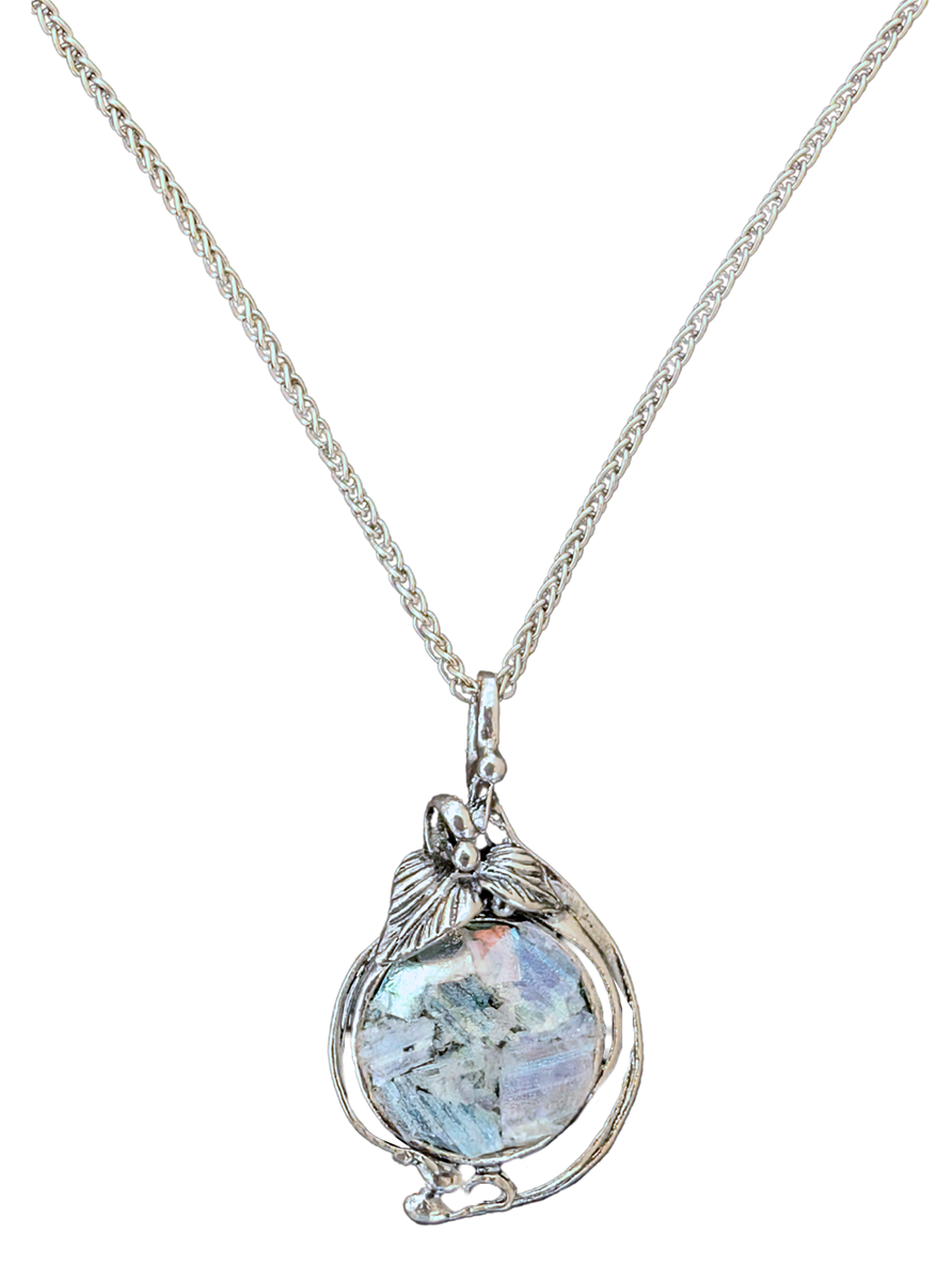 SAPHARIM RAHAV - ROMAN GLASS LG ROUND NECKLACE W/LEAVES - STERLING & GEMSTONE