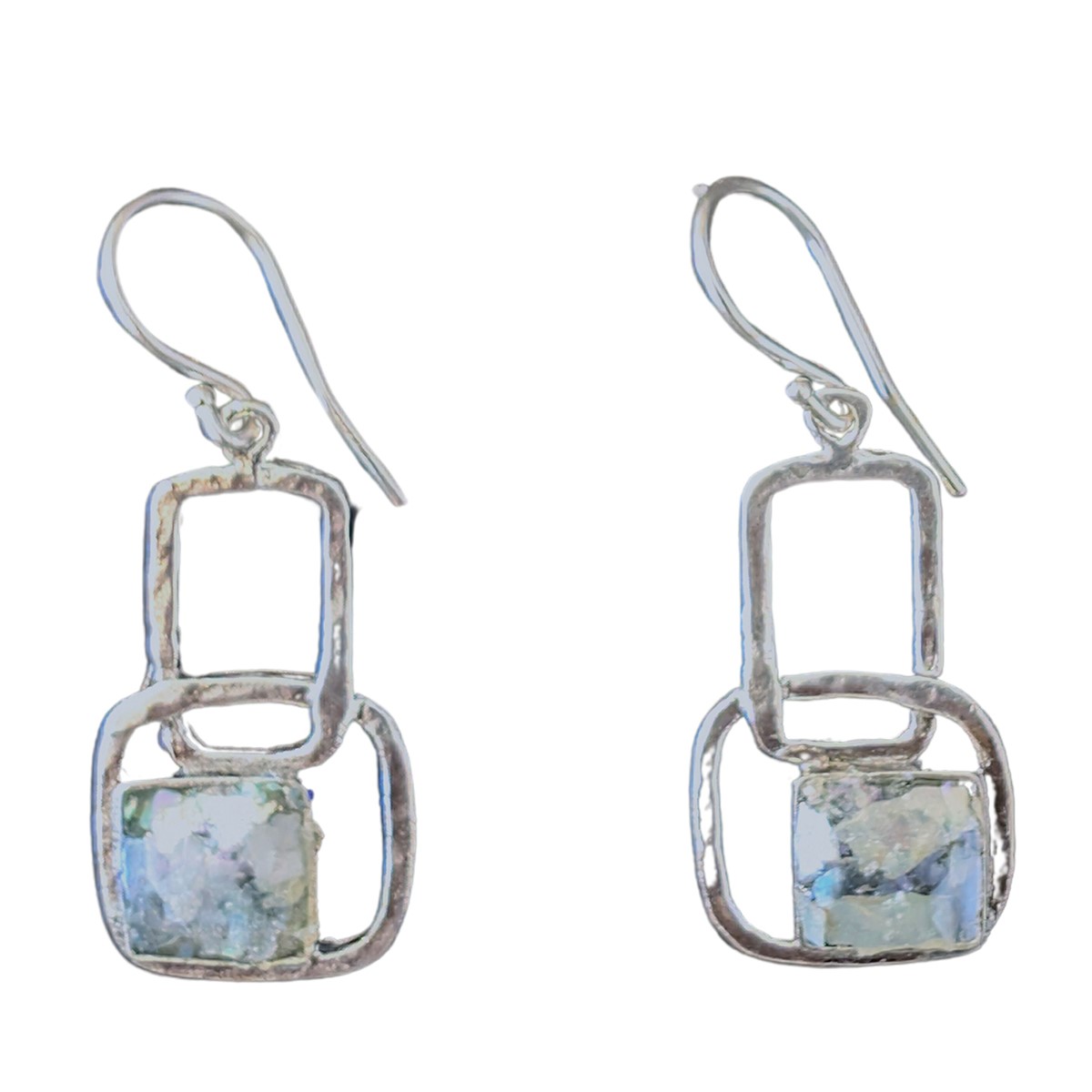 SAPHARIM RAHAV - ROMAN GLASS HAMMERED RECTANGLES EARRINGS - STERLING & GEMSTONE