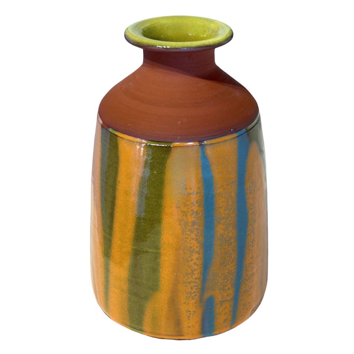 KENNY SMITH - CERAMIC VASE WITH GREEN, ORANGE, BLUE GLAZE - CERAMIC - 4.5 X 7.75 x 4.5