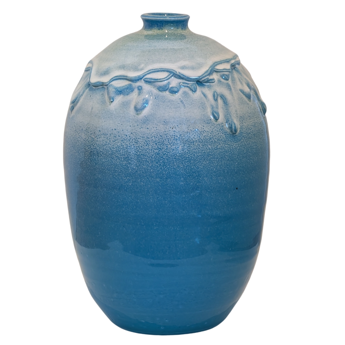 KENNY SMITH - SEAFOAM WHITE AND TEAL DRIP VASE - CERAMIC - 9 X 6 X 6