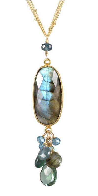 ALICIA VAN FLETEREN - OVAL LABRADORITE PENDANT NECKLACE W/ QTZ, BLUE TOPAZ, MOSS AQUAMARINE & GRANDIDIERITE - GOLD & GEMSTONES