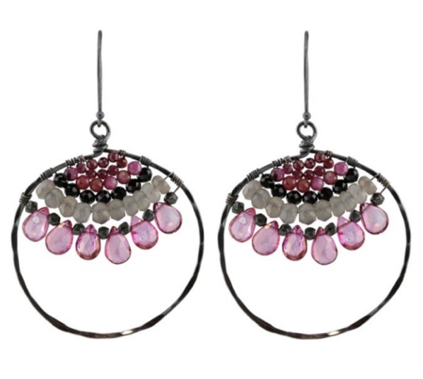 ALICIA VAN FLETEREN - OXID SILVER HOOP W/ RUBY, GARNET, & BLK SPINEL - STERLING & GEMSTONE