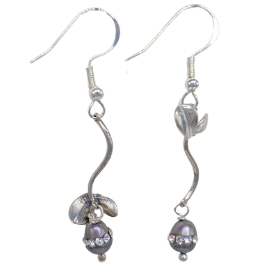 HOURI BORJIAN - EARRING SILVER DROP W/ LEAF & PEACOCK PEARL - STERLING SILVER