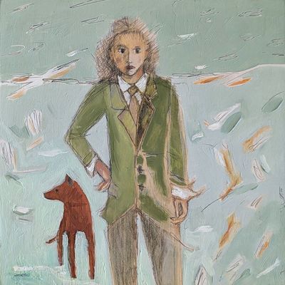 PATT BUCHANAN - MAN IN GREEN SUIT WITH BROWN DOG - MIXED MEDIA ON BOARD - 6 X 6 X 1.5