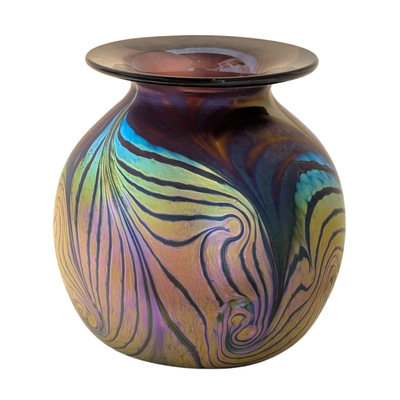 JON AND SHERI BUSH - WARM TONE IRIDESCENT FUME VASE - GLASS - 5 X 4.75 X 4.75