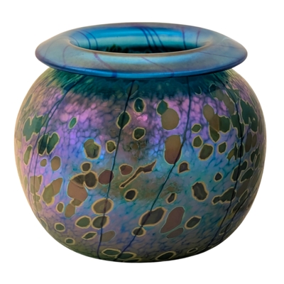 JON AND SHERI BUSH - ROLLED LIP SPOTTED CHROMATIC COOL TONE VASE - GLASS - 4.5 X 5.5 X 5.5